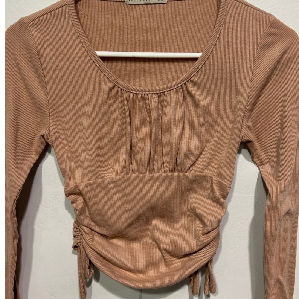 Long Sleeve Top Women Small Mauve Pink Ribbed Ruched‎ sides coquette Earthy